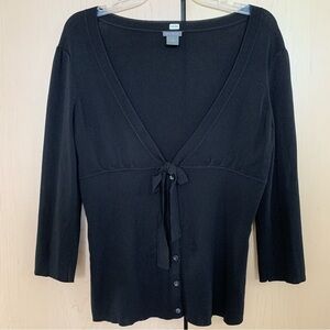 Ann Taylor Womens 3/4 Sleeve V Neck Button Bow Tie Sweater Cardigan Black Size M
